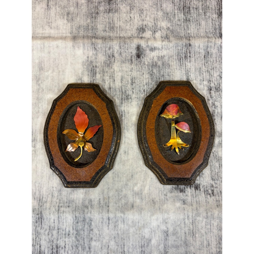 Vintage MCM 3D Metal Wall Art Plaques Leaf Mushroom Botanical Set of 2